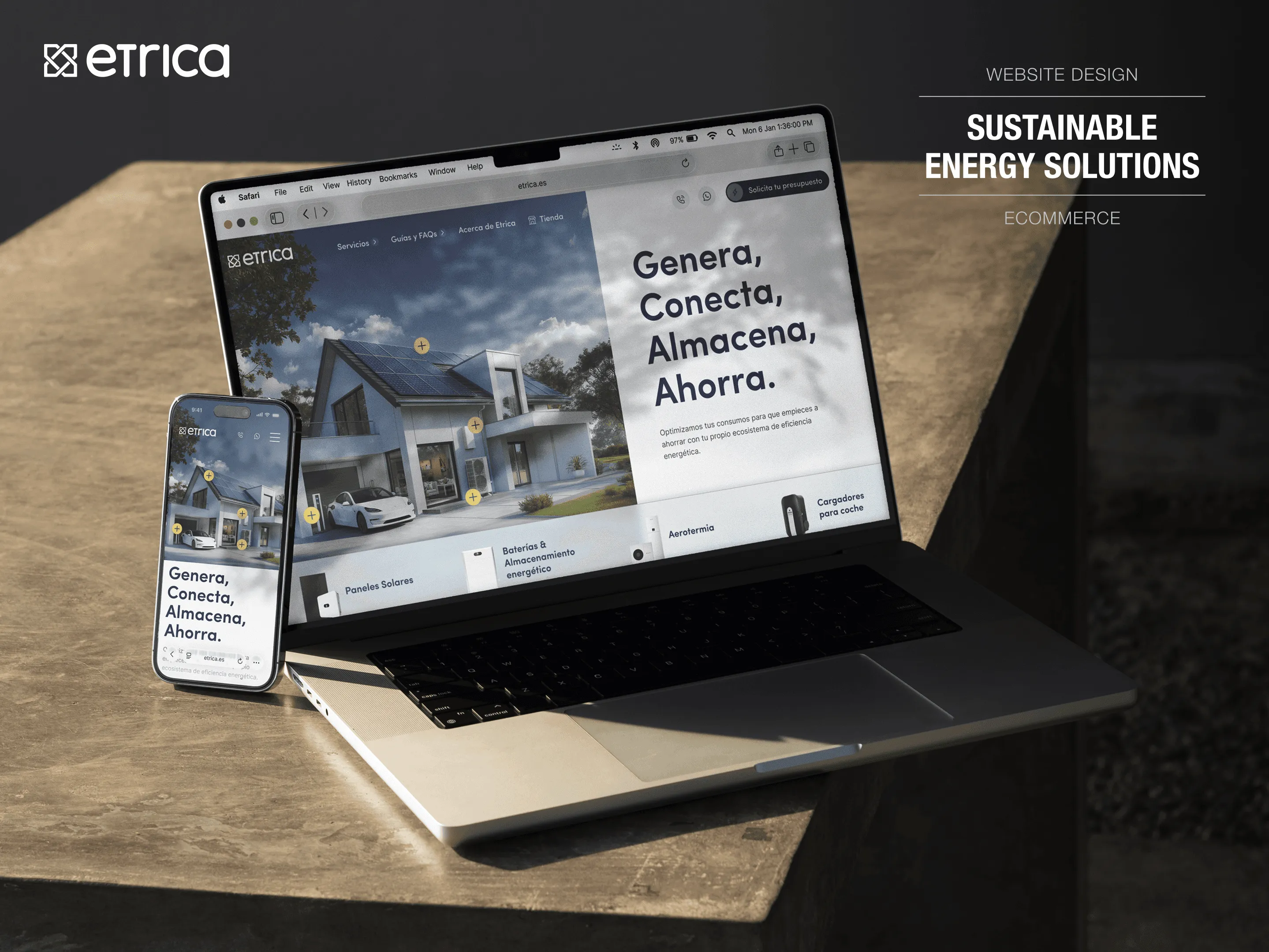 Etrica website on laptop and phone