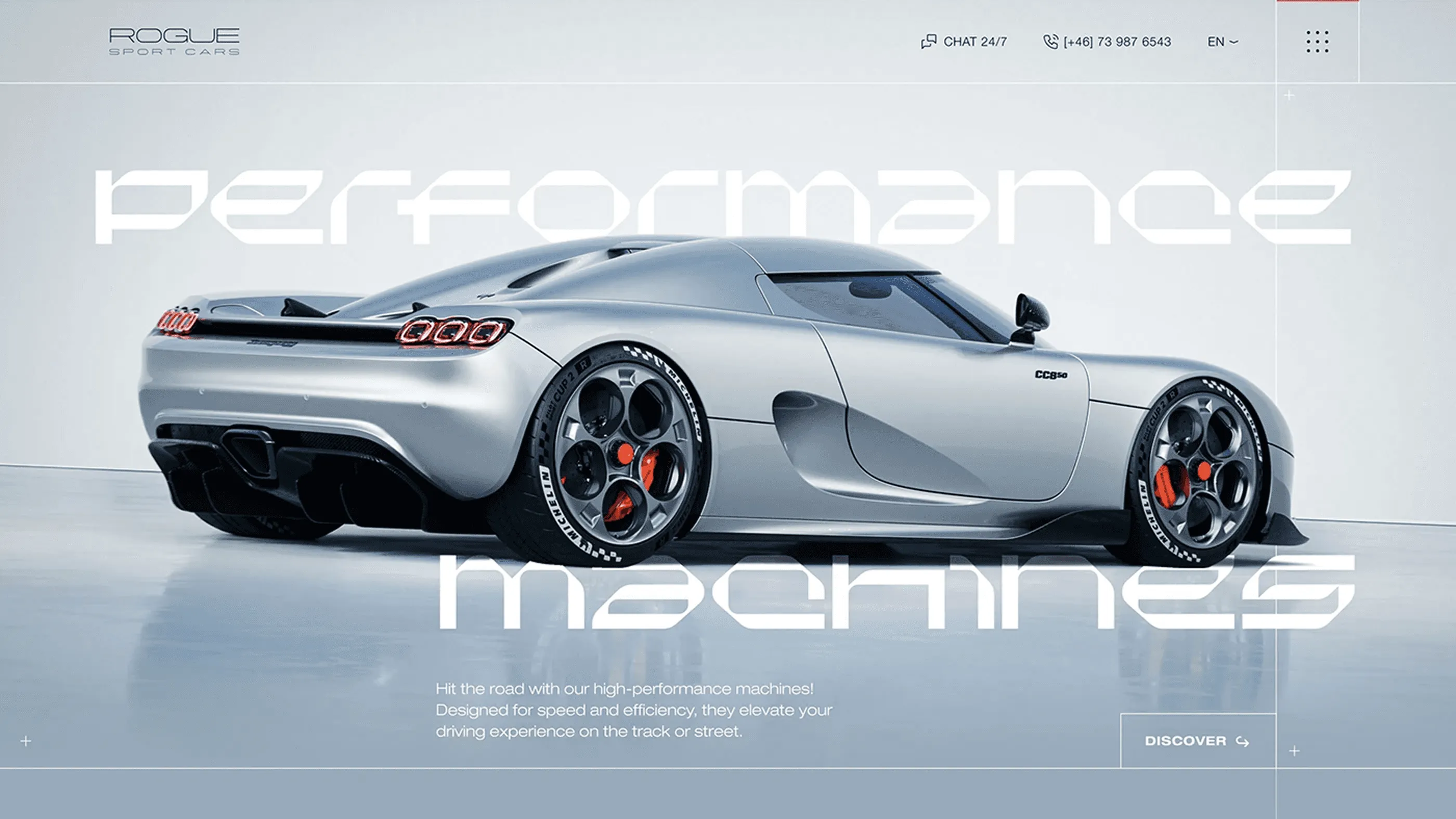 Rogue Sport Cars homepage hero with full-screen car photography, wide display type and one orange button