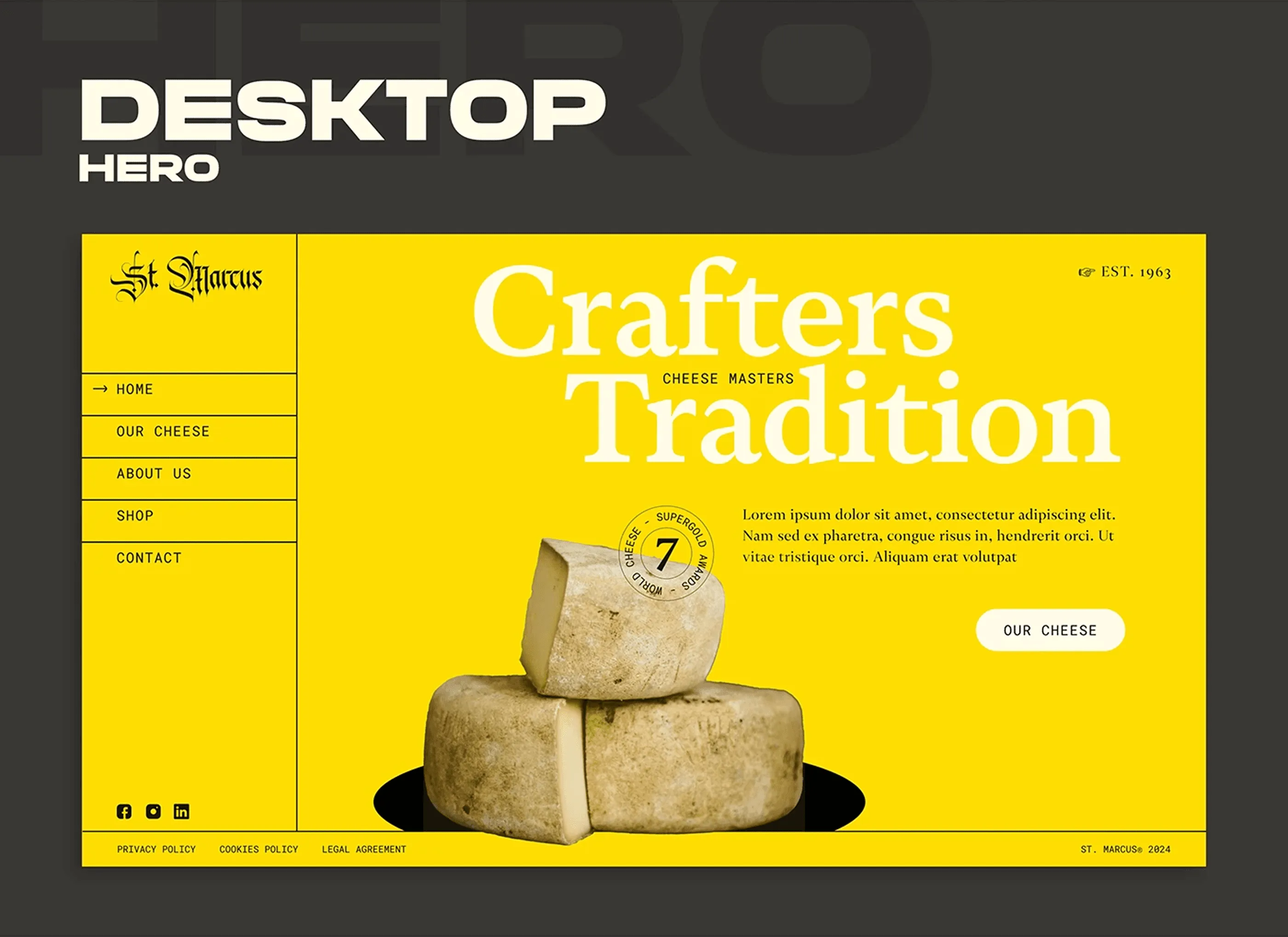 St. Marcus homepage hero on flat yellow with the cheese photographed against it