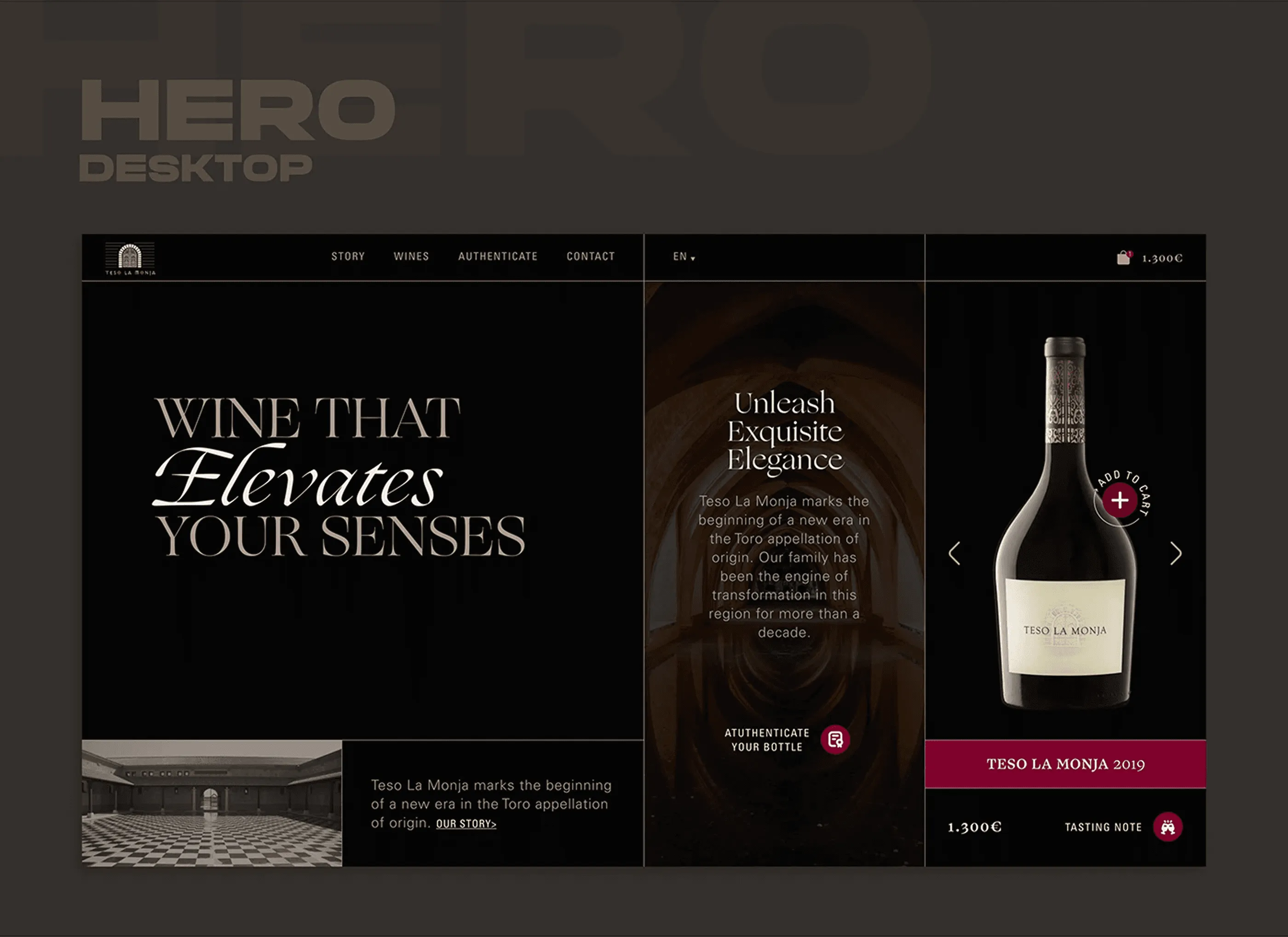 Teso La Monja homepage hero in three columns with an editorial headline and the bottle