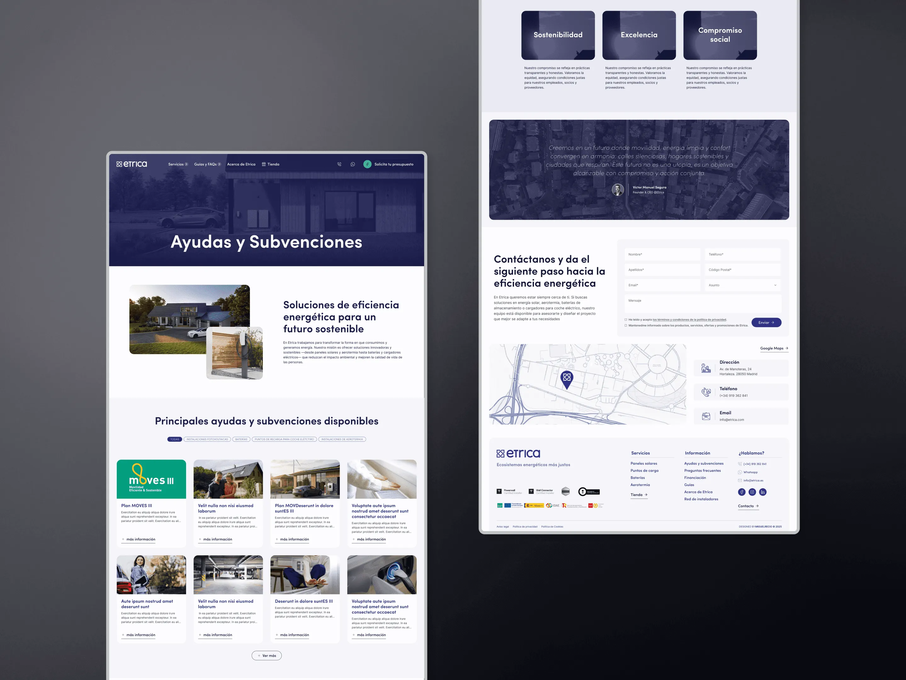 Etrica About, subsidies and financing pages with the contact form