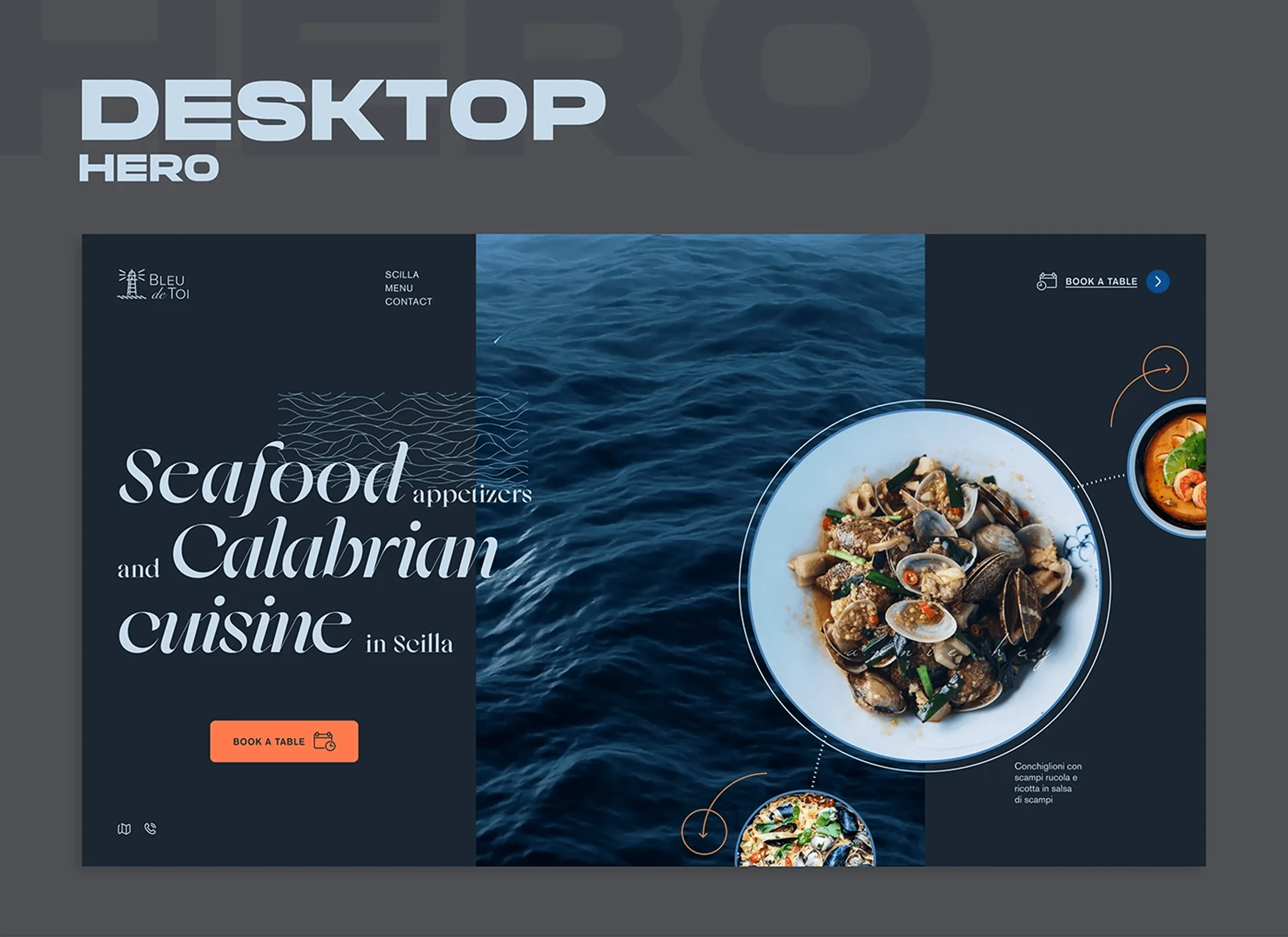 Bleu de Toi desktop hero split into three vertical bands with a serif headline and food photography