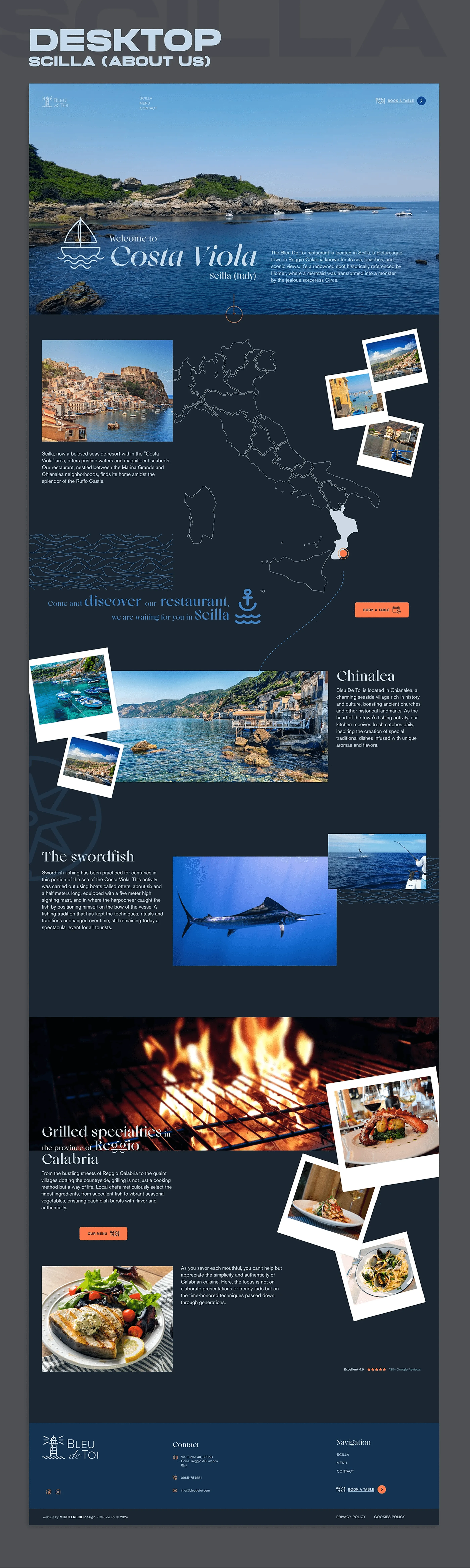 About section on Scilla and the Costa Viola with polaroid-style photography and a map