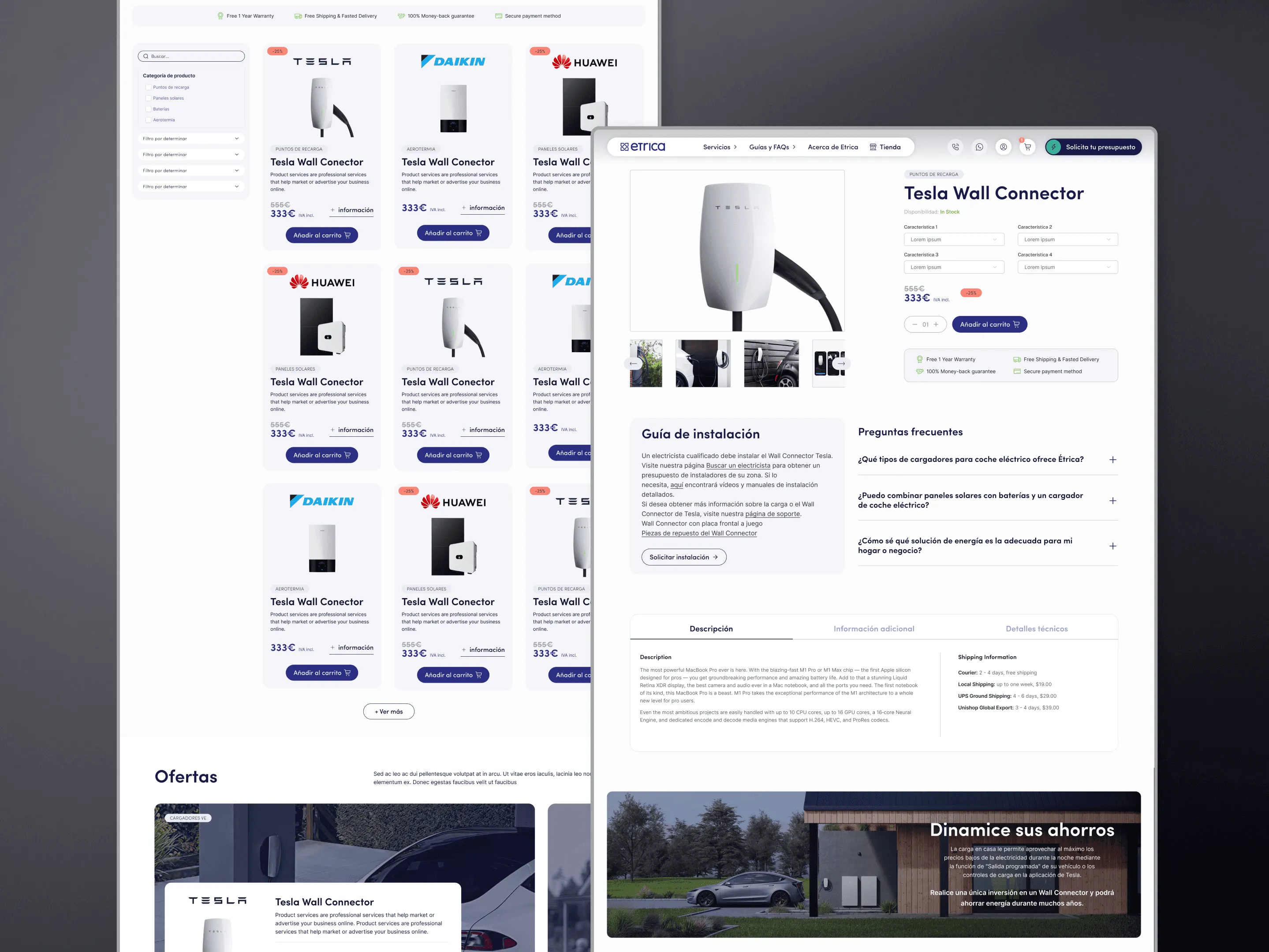 Etrica online store with Tesla, Huawei and Daikin products, filters and product detail page