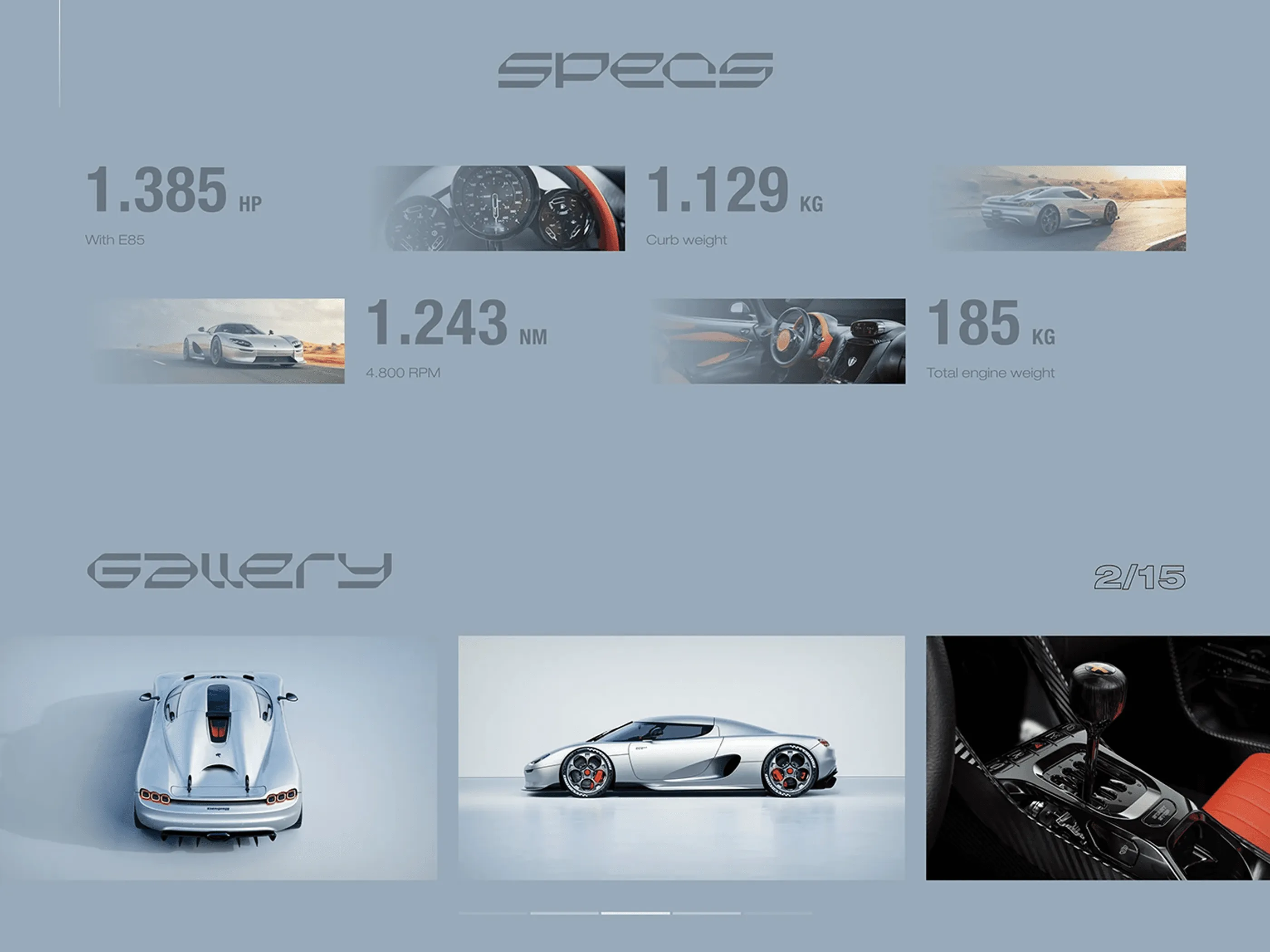 Specs section with oversized performance figures and a photo gallery