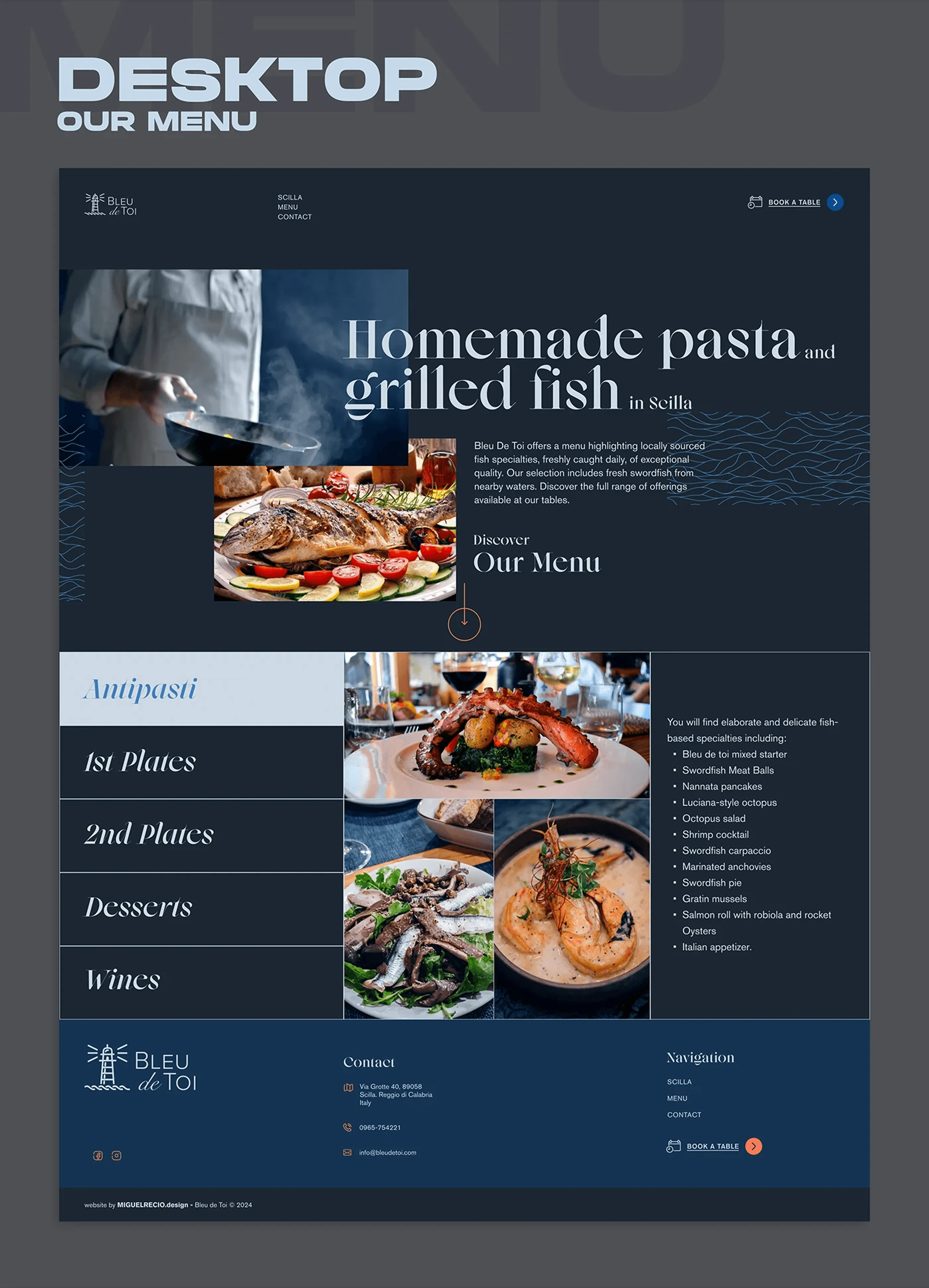 Bleu de Toi menu page organised by course with a category list on the left