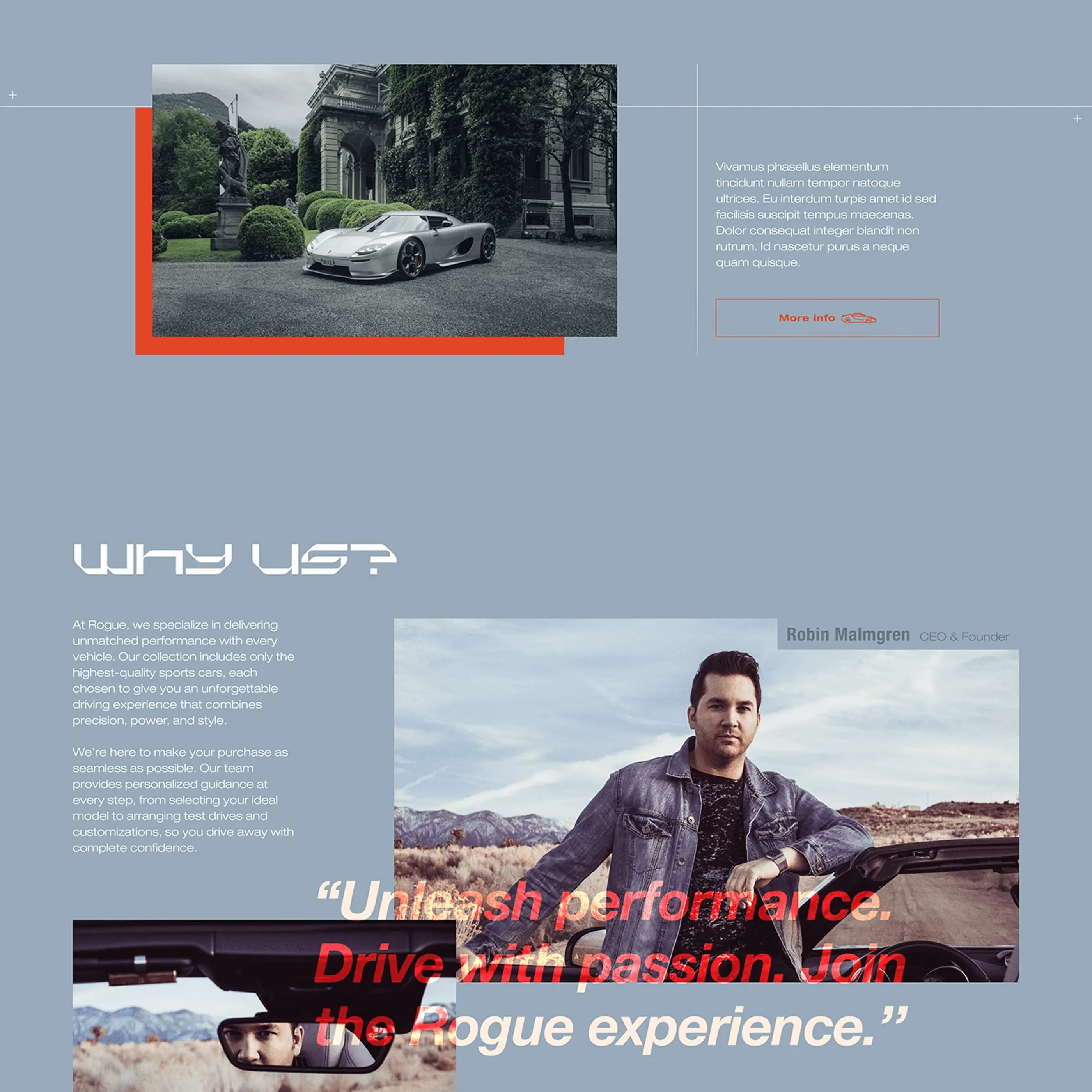 Why Us section with a founder portrait and short brand statements