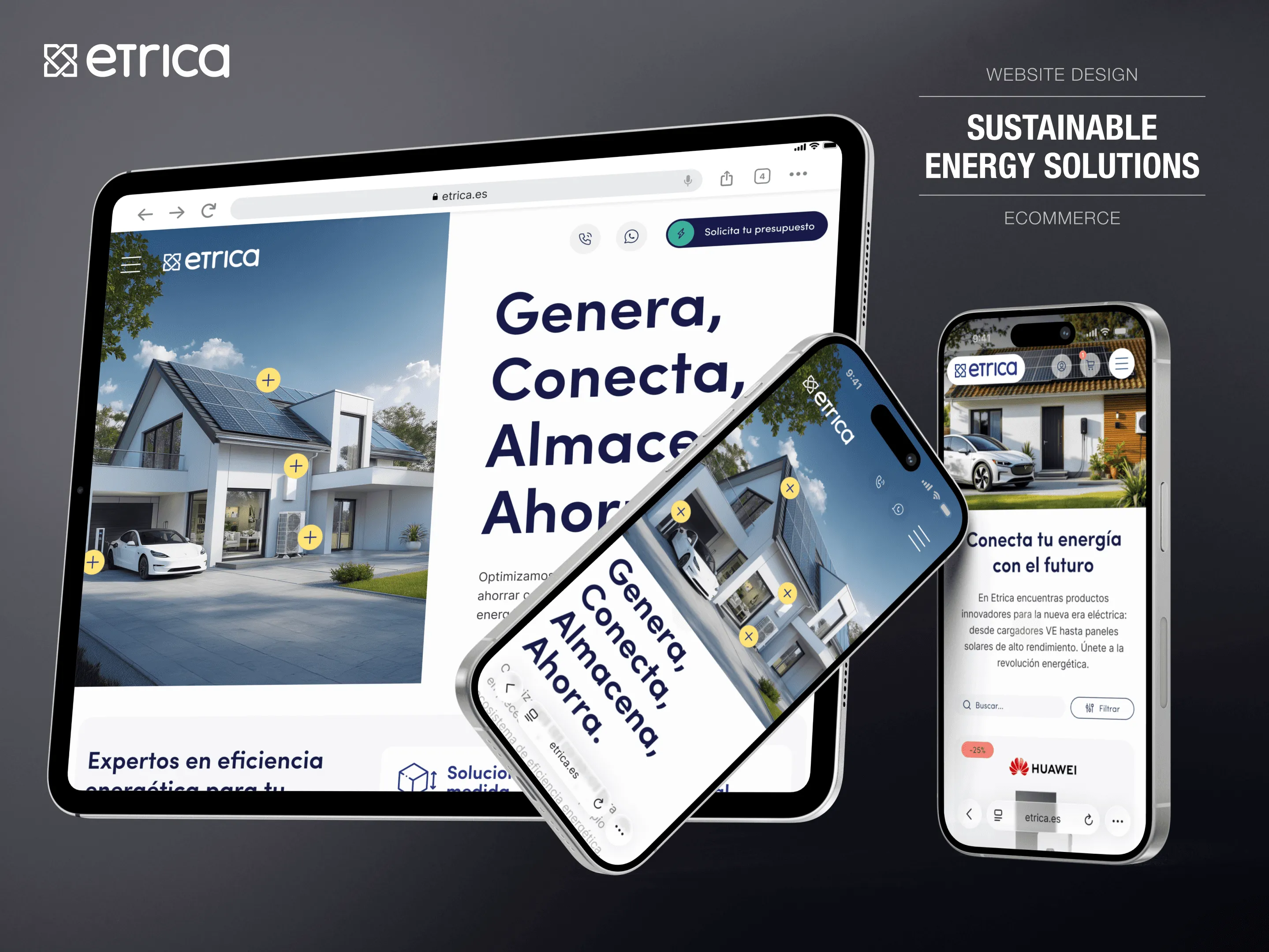 Etrica responsive layouts side by side on desktop, tablet and phone