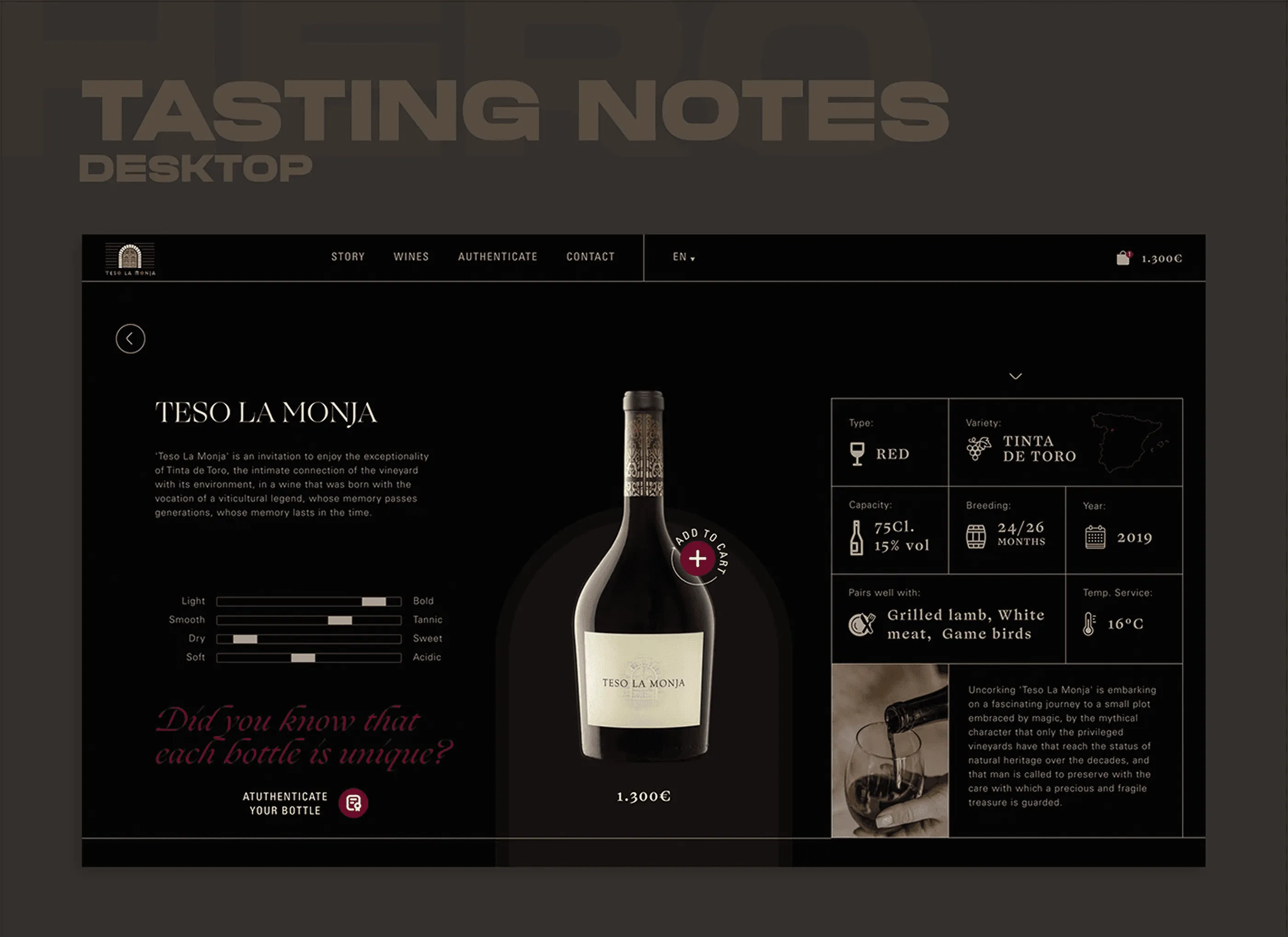 Teso La Monja product page with the bottle centred and the tasting notes