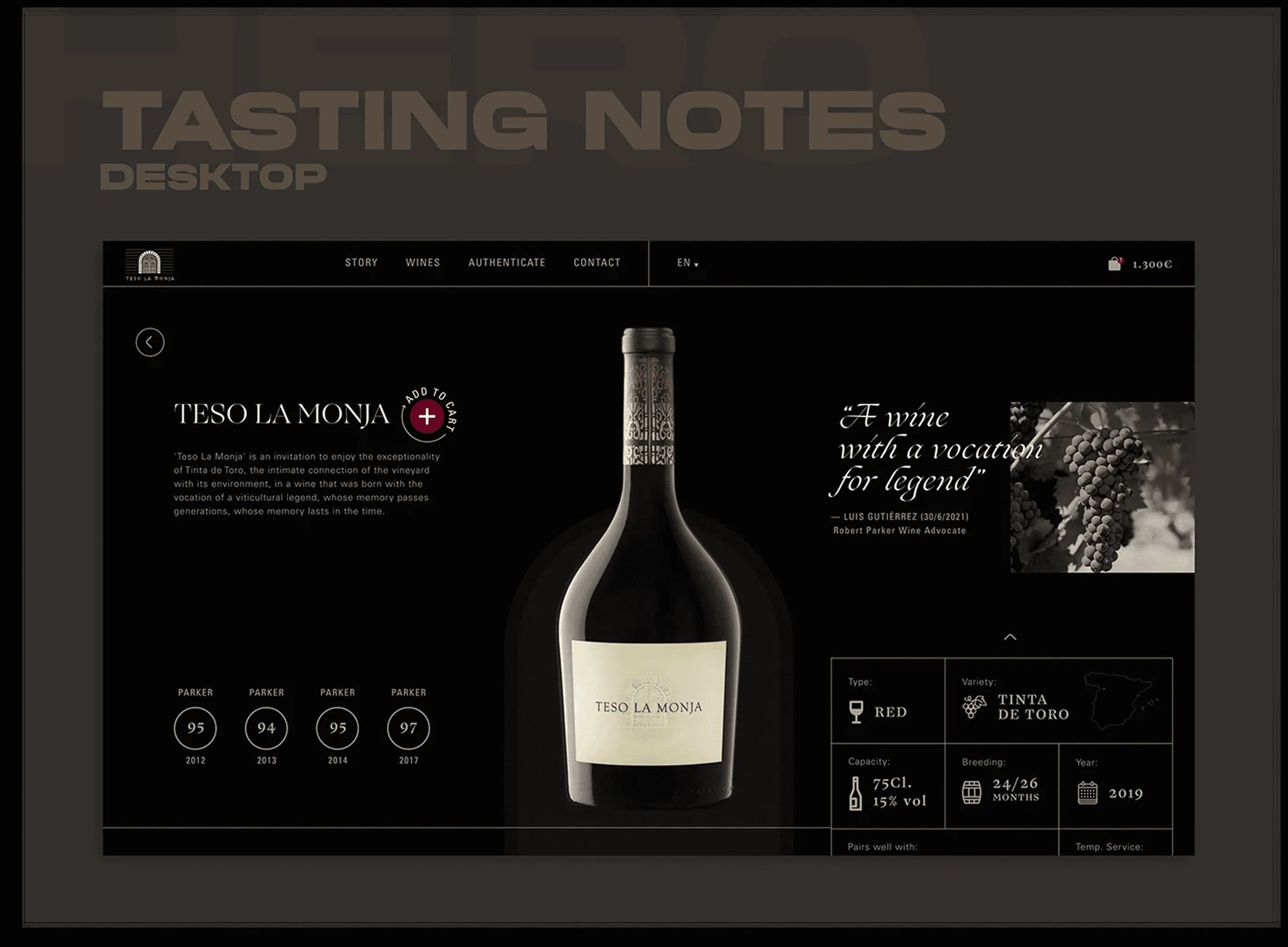 Full Teso La Monja product page with the tasting sheet and the wine story