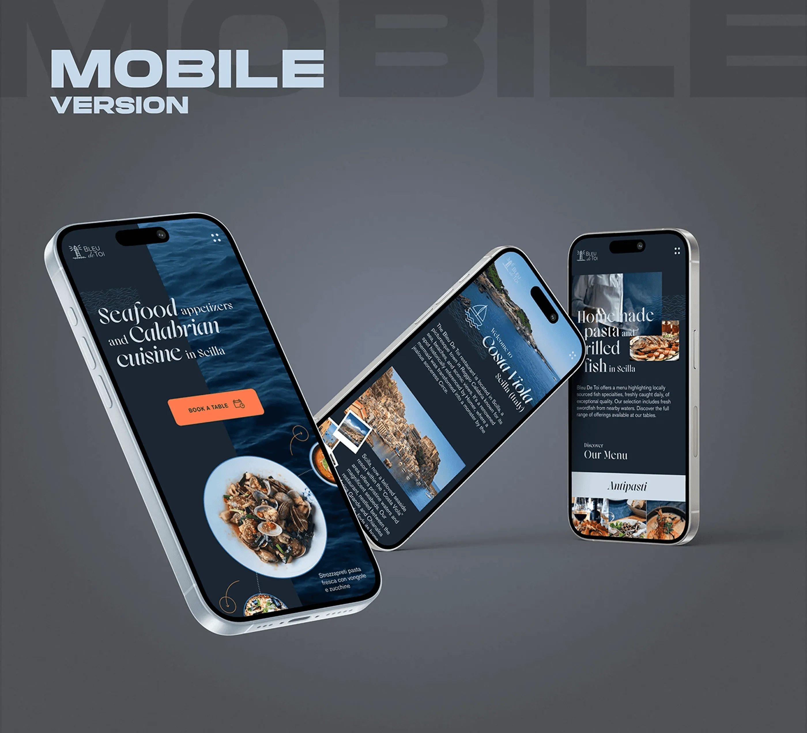 Bleu de Toi mobile screens keeping the navy, the serif and the orange booking button
