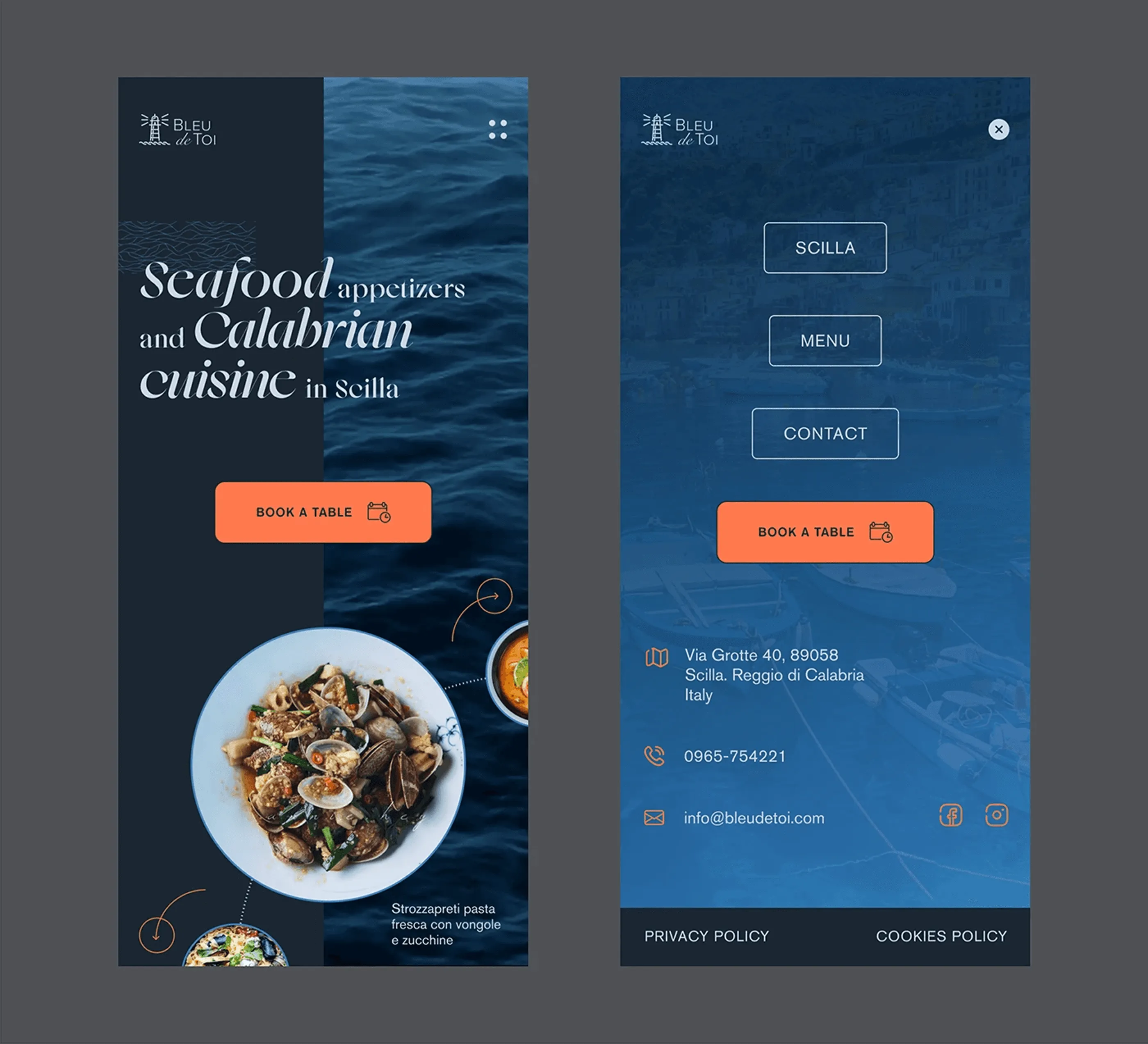 Bleu de Toi mobile homepage and navigation with the sea texture behind the headline