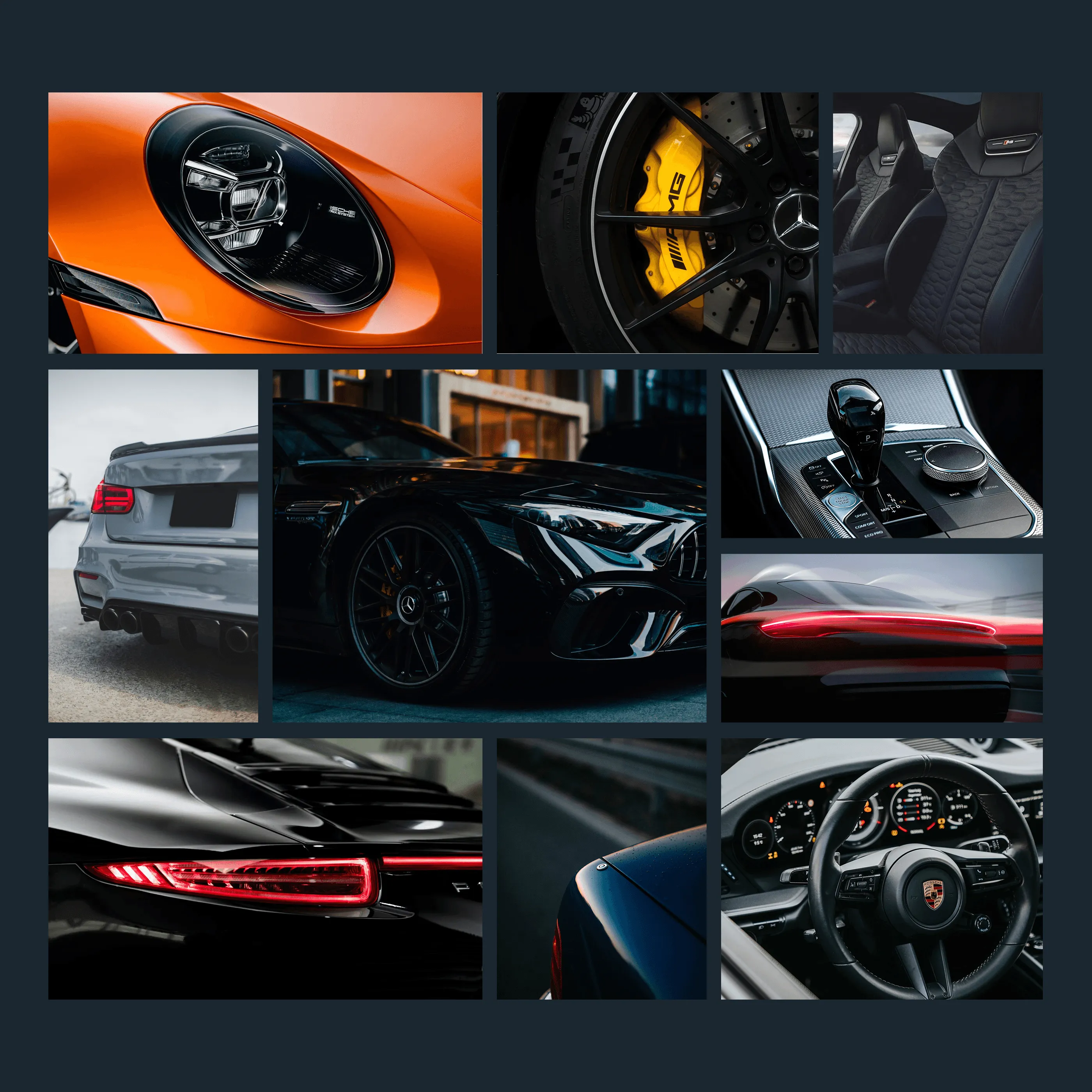Photography art direction for Multitech: close-ups of headlights, brake calipers and carbon