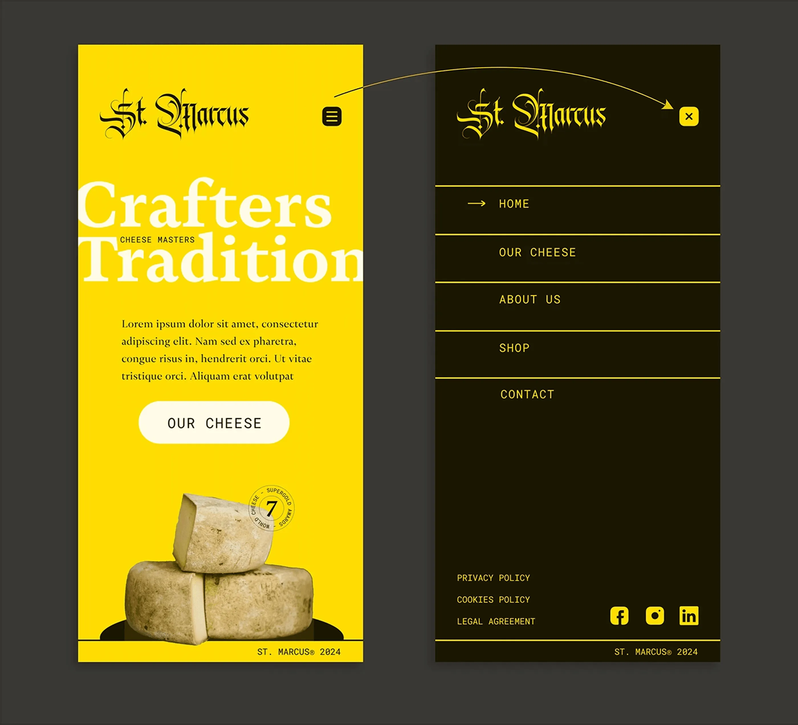 St. Marcus mobile homepage and menu with full-bleed yellow and an oversized serif