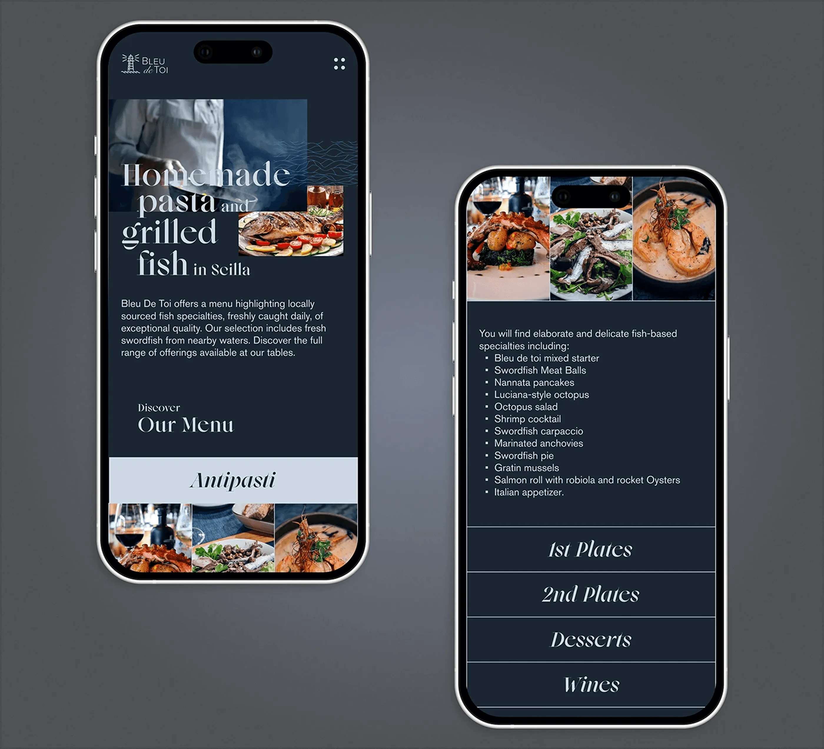 Bleu de Toi menu on mobile with horizontally scrolling course categories