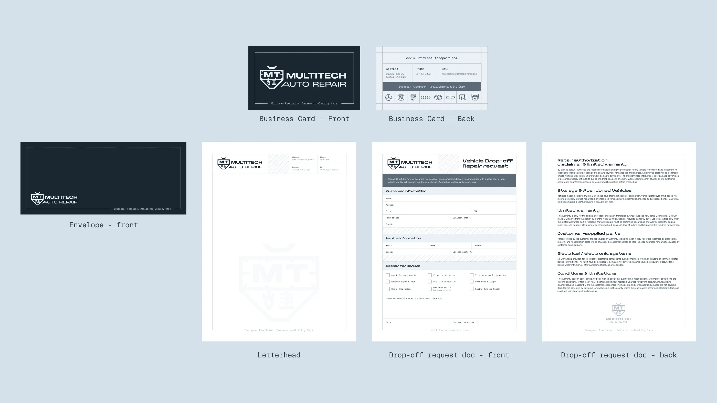 Multitech Auto Repair stationery: business card, letterhead and envelope