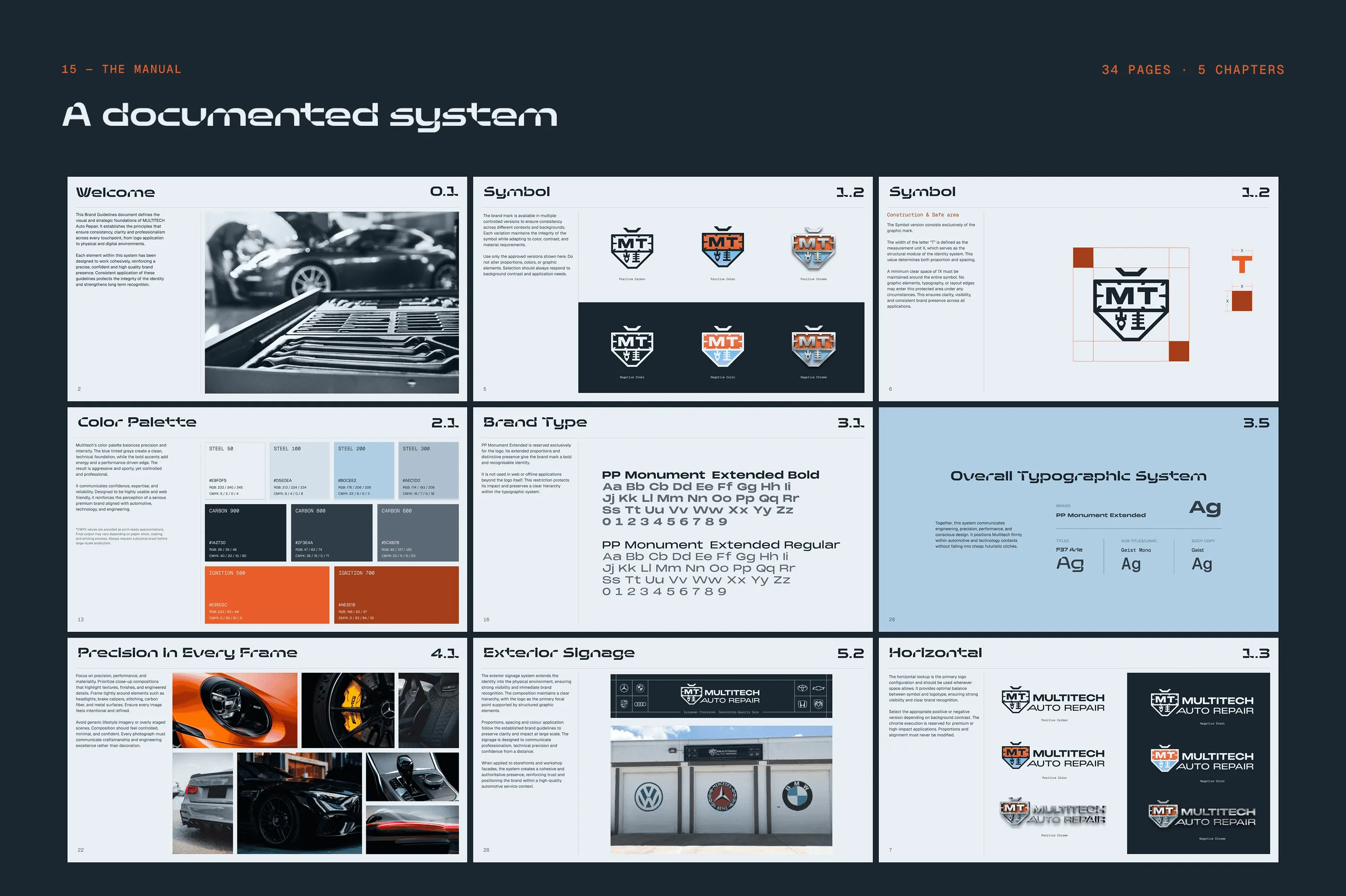 Spread of the 34-page Multitech Auto Repair brand guidelines manual