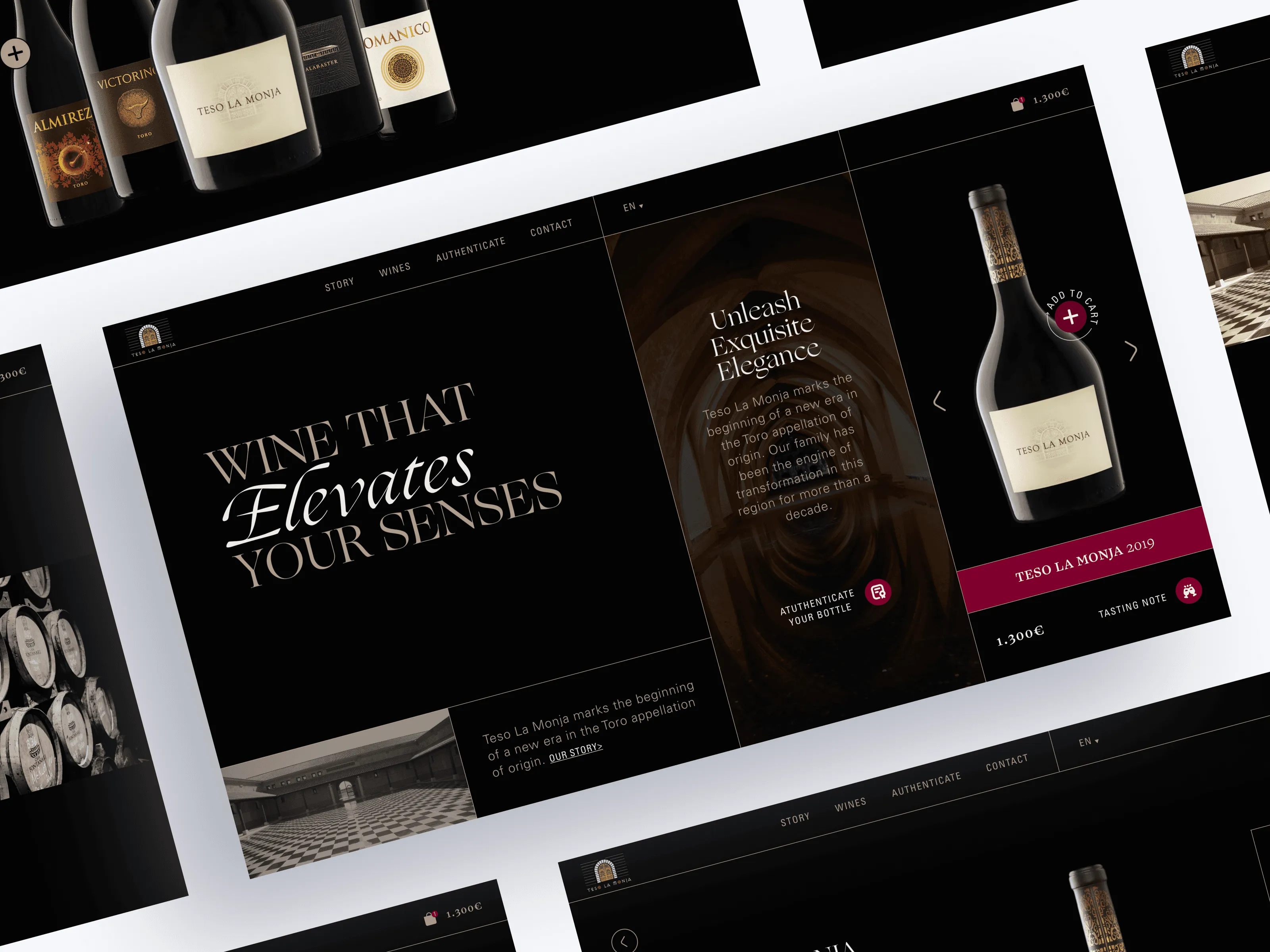 Teso La Monja concept website: winery homepage on near-black with a single bottle