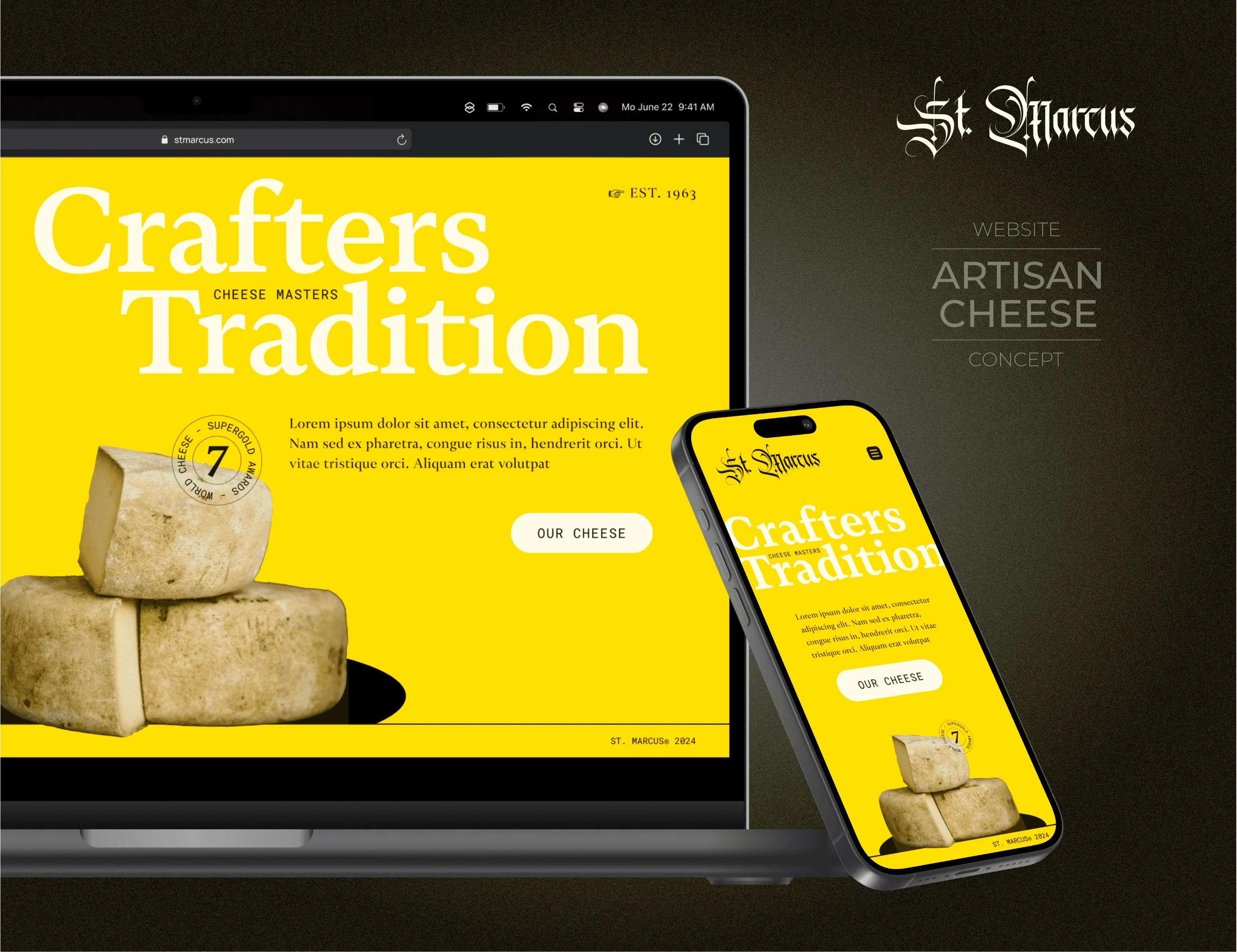St. Marcus concept website: artisan cheese homepage in loud yellow on near-black