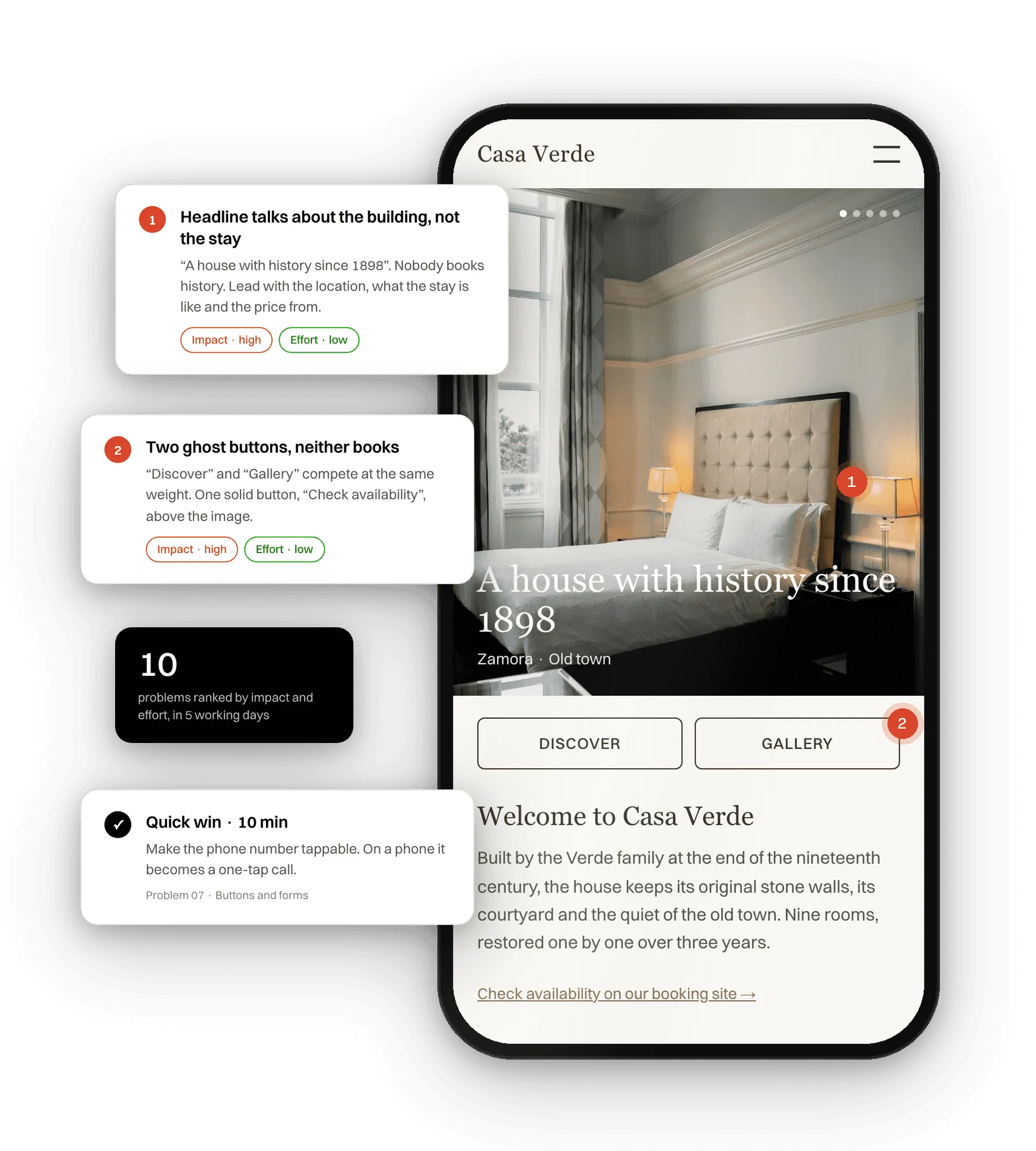 Website conversion audit: a hotel website on a phone with annotated problems and the audit findings
