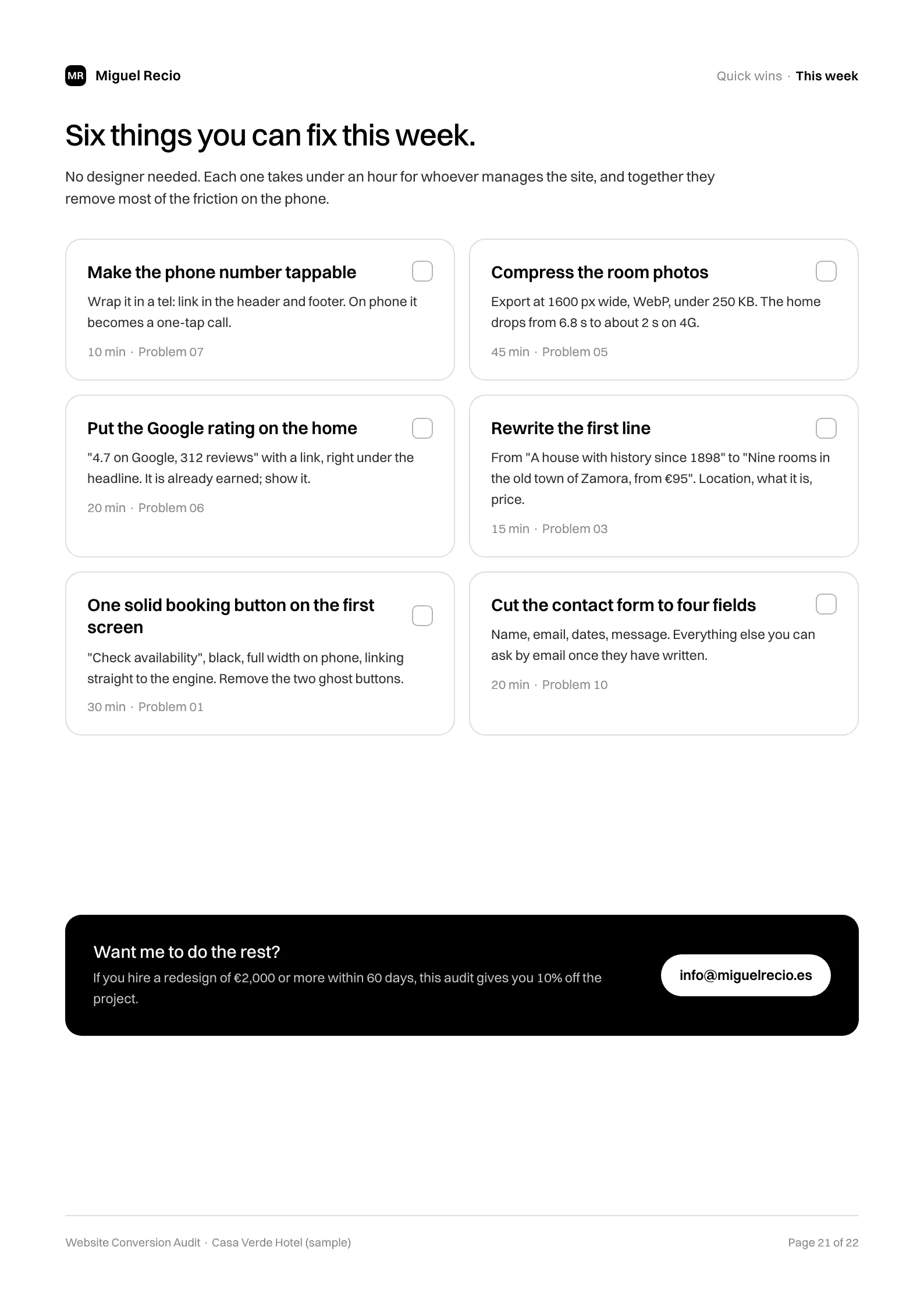 Sample audit report, quick wins page